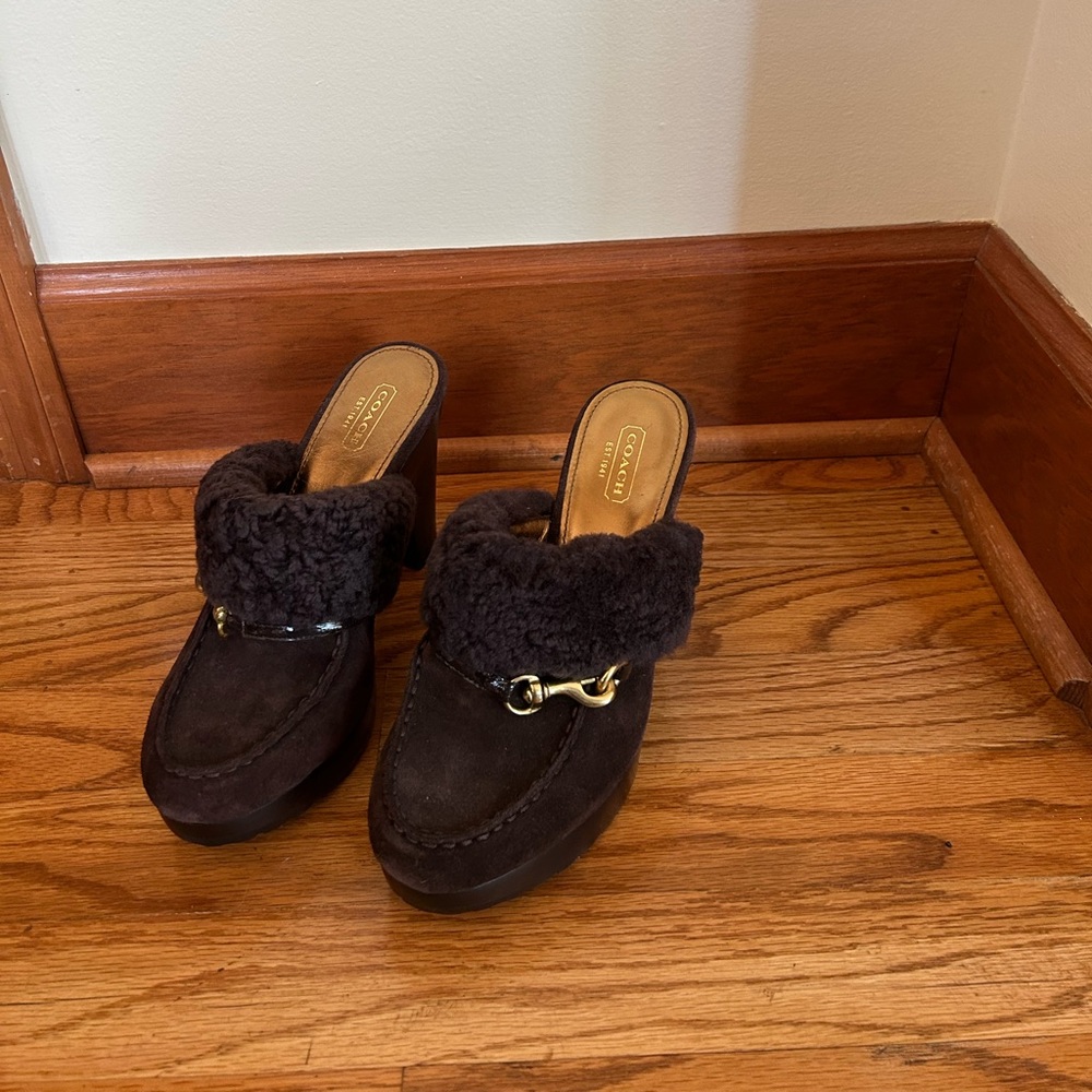 COACH-brown slip on platform heels with Fur- NOT WORN